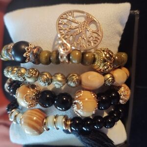 Gold and Black Beaded Bracelet Set